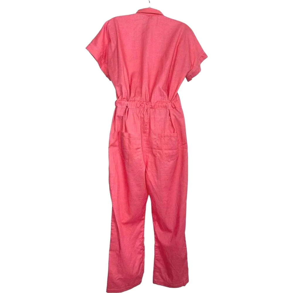 THE KIT Jumpsuit Utility Sz S Cotton Belted Button Front Short Sleeve Coral Pink